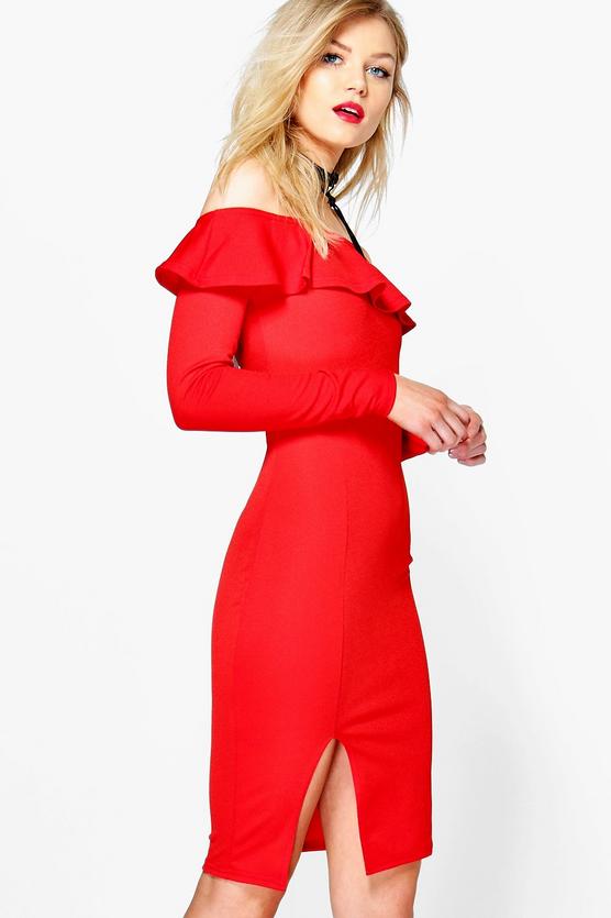 Petite Liv Long Sleeve Ruffle Off The Shoulder Dress